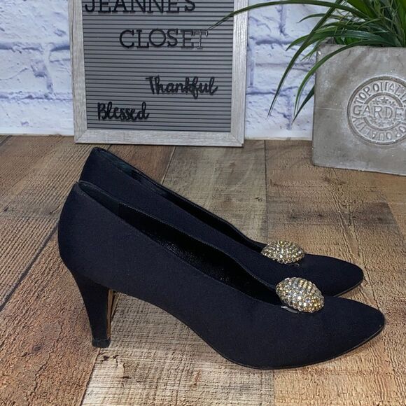 Yves Saint Laurent: elegant black satin pumps with rhinestoned bubble from 1980s - Picture 2 of 10